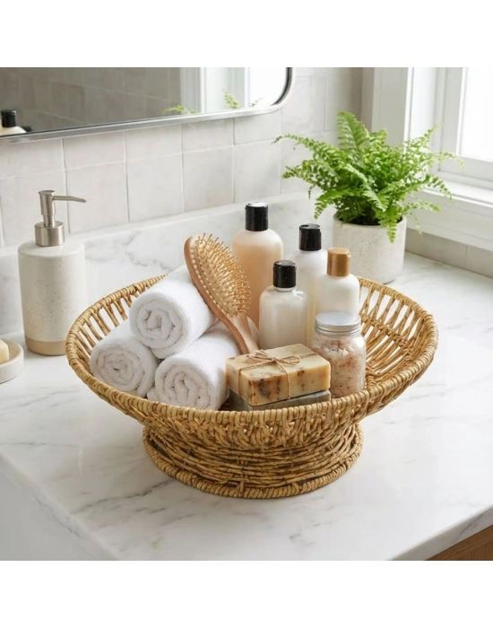 ®  28 cm Plastik Rattan Servis Çanağı – Doğal Hasır Görünümlü Dekoratif Meyve, Ekmek ve Sunum Kasesi