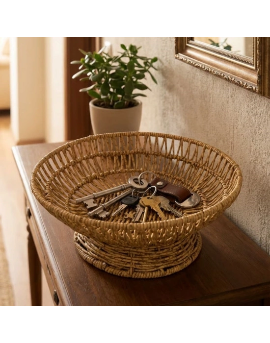 ®  28 cm Plastik Rattan Servis Çanağı – Doğal Hasır Görünümlü Dekoratif Meyve, Ekmek ve Sunum Kasesi