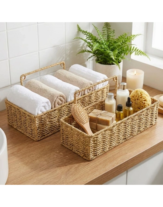 ®  2’li Duvar Askılı Plastik Rattan Organizer – Dikdörtgen Hasır Görünümlü Mutfak Raf Sepeti, Banyo ve Ev İçi Düzenleme Ünitesi