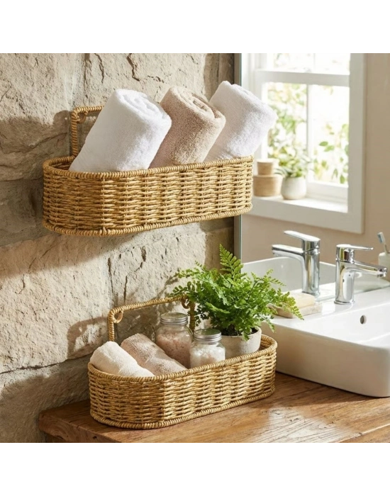 ®  2’li Duvar Askılı Plastik Rattan Organizer – Oval Hasır Görünümlü Mutfak Raf Sepeti, Banyo ve Ev İçi Düzenleme Ünitesi