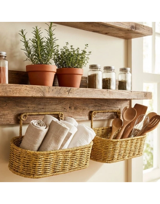 ®  2’li Duvar Askılı Plastik Rattan Organizer – Oval Hasır Görünümlü Mutfak Raf Sepeti, Banyo ve Ev İçi Düzenleme Ünitesi