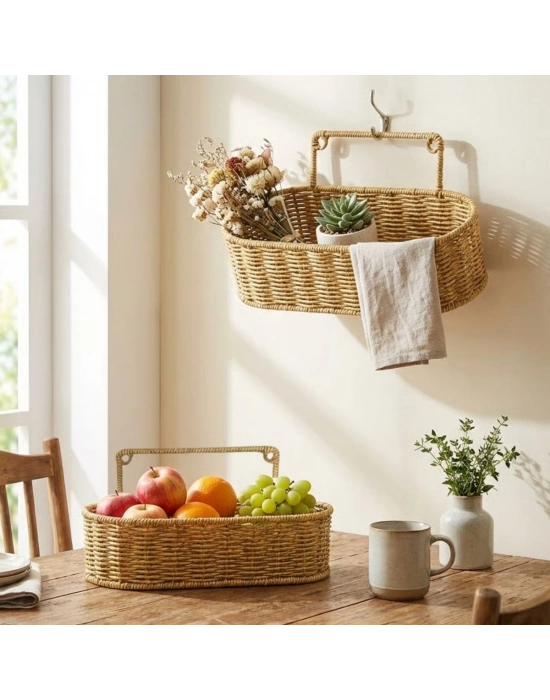 ®  2’li Duvar Askılı Plastik Rattan Organizer – Oval Hasır Görünümlü Mutfak Raf Sepeti, Banyo ve Ev İçi Düzenleme Ünitesi
