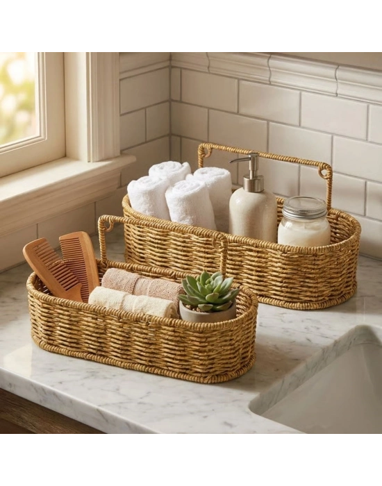 ®  2’li Duvar Askılı Plastik Rattan Organizer – Oval Hasır Görünümlü Mutfak Raf Sepeti, Banyo ve Ev İçi Düzenleme Ünitesi