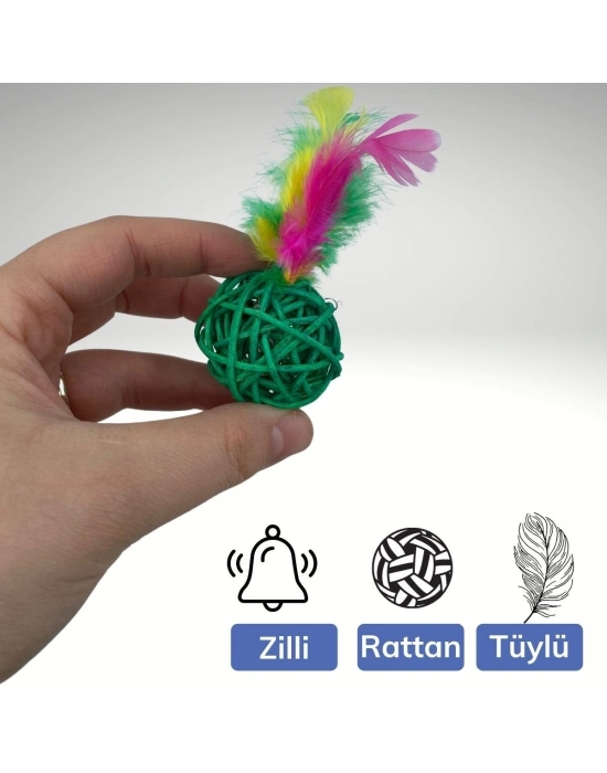 ®  2li Rattan Renkli Peluş Tüy Kedi Köpek Oyuncak Yakalama Çiğneme Çıngıraklı Top Oyuncağı