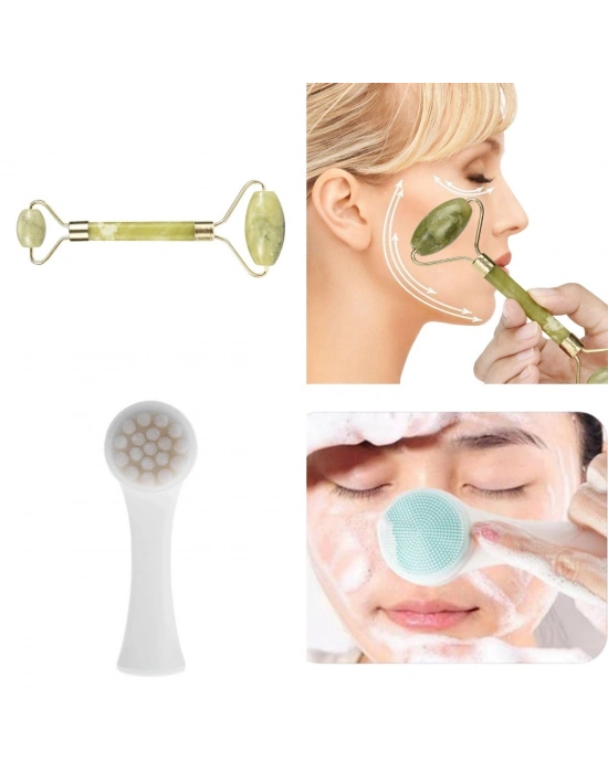 ®  2li Set Çift Taraflı Cilt Temizleme Fırçası ve Yeşim Taşı Çift Taraflı Cilt Masaj Aleti