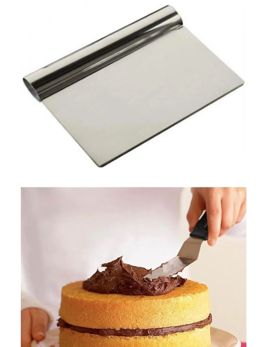 2li Set Hamur Şekillendirici Eğik Pasta Spatulası +metal Hamur Kesici Kazıyıcı Spatula