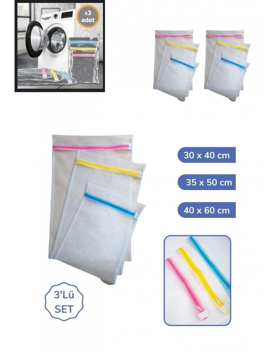 3'lü Çamaşır Yıkama Filesi Set Renkli Fermuarlı Pratik Çamaşır Yıkama Filesi Seti 3 Boy