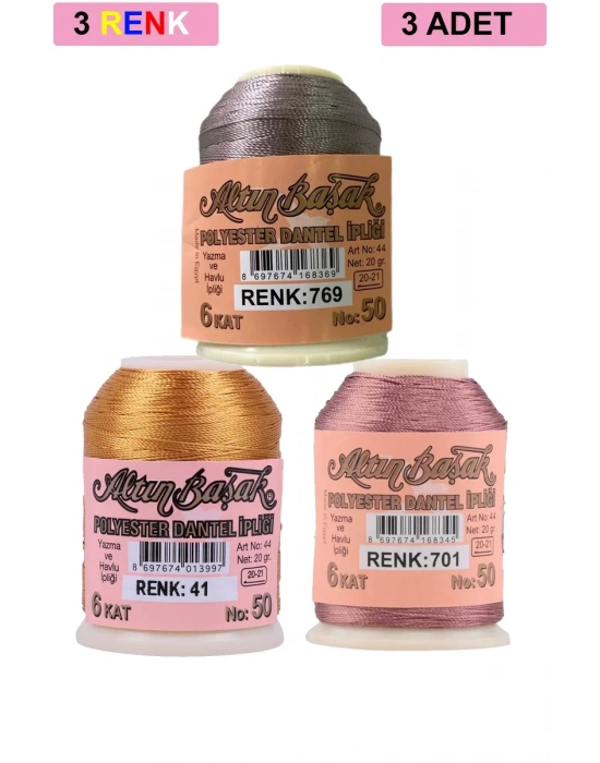 3 Adet Altınbaşak Oya ve Dantel İpi 20 gr - Royaleks - No: 041 - 701 - 769
