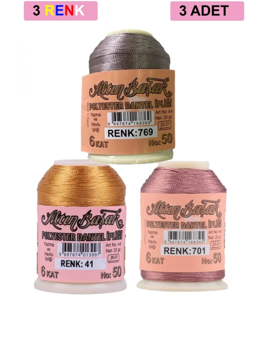 3 Adet Altınbaşak Oya ve Dantel İpi 20 gr - Royaleks - No: 041 - 701 - 769