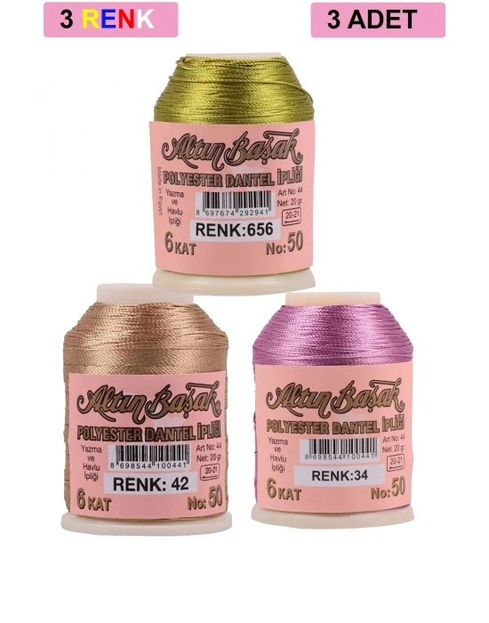 3 Adet Altınbaşak Oya ve Dantel İpi 20 gr - Royaleks - No: 042 - 034 - 656