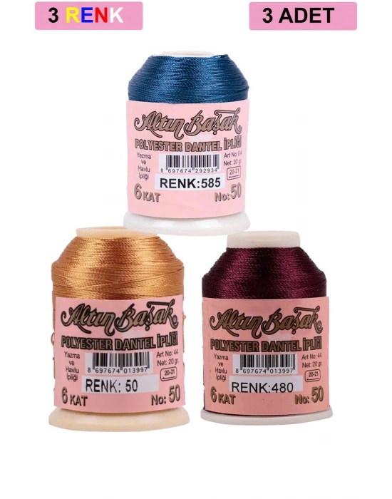 3 Adet Altınbaşak Oya ve Dantel İpi 20 gr - Royaleks - No: 050 - 480 - 585