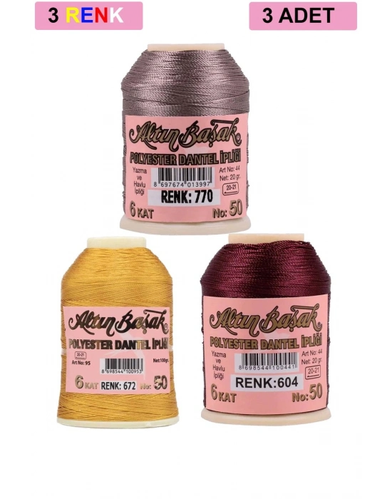 3 Adet Altınbaşak Oya ve Dantel İpi 20 gr - Royaleks - No: 672 - 604 - 770