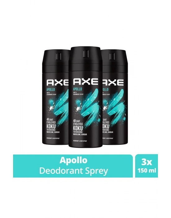 3 Adet Axe Erkek Sprey Deodorant Apollo 48 Saat Etkileyici Koku Vücut Spreyi 150 ml