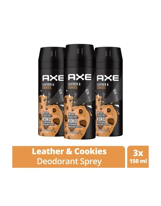 3 Adet Axe Erkek Sprey Deodorant Leather & Cookies 48 Saat Etkileyeci Koku 150 ml