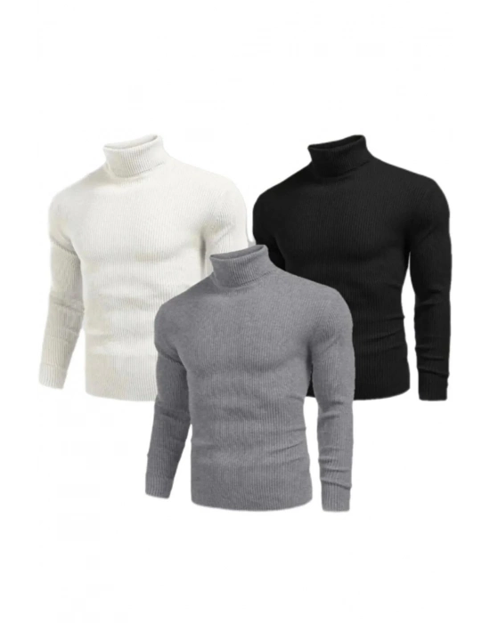 3 Adet   Kaşkorse Boğazlı Full Likralı Fitilli Body Kazak