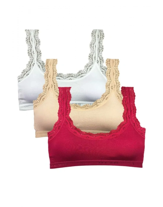3 Adet Dantel Nakış İşlemeli Pedli Bambu Kadın Büstiyer Beyaz Ten Bordo