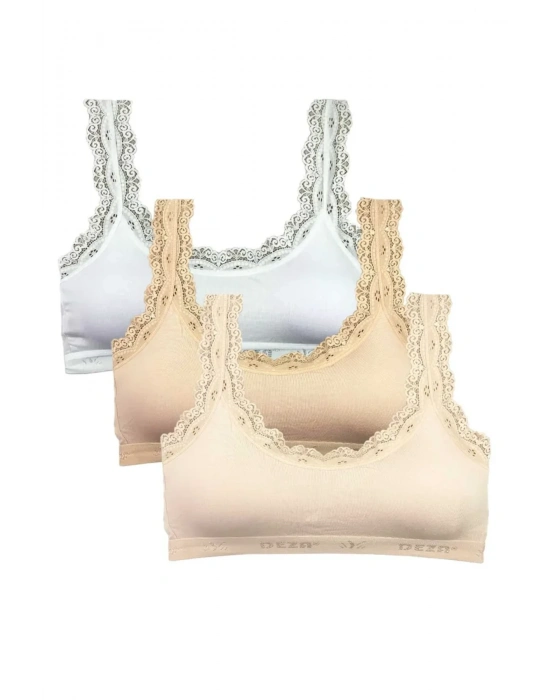 3 Adet Dantel Nakış İşlemeli Pedli Bambu Kadın Büstiyer Beyaz Ten Krem