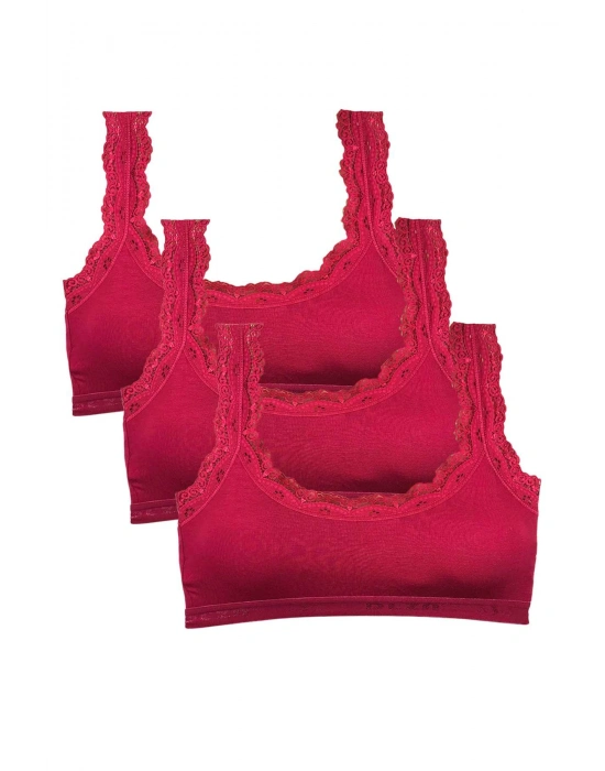 3 Adet Dantel Nakış İşlemeli Pedli Bambu Kadın Büstiyer Bordo