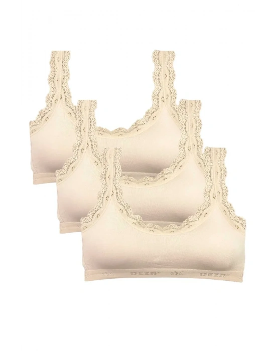 3 Adet Dantel Nakış İşlemeli Pedli Bambu Kadın Büstiyer Krem