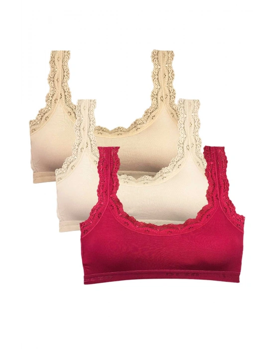 3 Adet Dantel Nakış İşlemeli Pedli Bambu Kadın Büstiyer Ten Krem Bordo