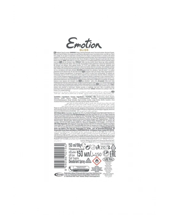 3 Adet Emotion Bliss Kadın Vegan Deodorant 150 Ml Hızlı Kurur , Leke Bırakmaz