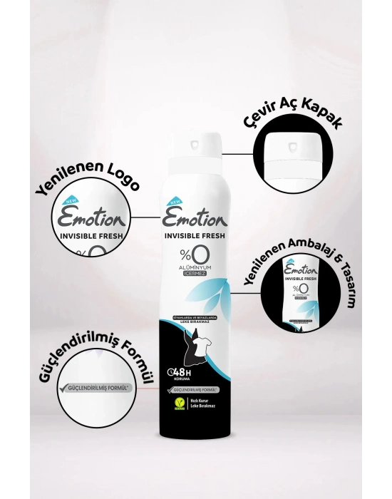 3 Adet Emotion Invisible Fresh Black & White Kadın Deodorant 150ml Vegan, Leke Bırakmaz