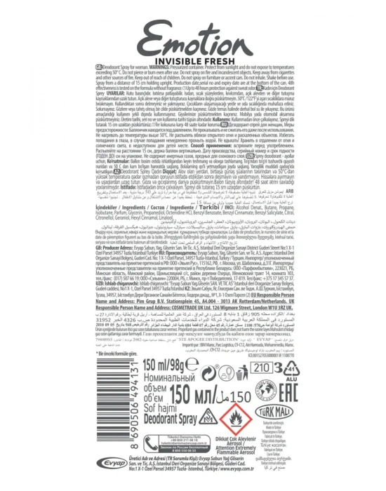 3 Adet Emotion Invisible Fresh Black & White Kadın Deodorant 150ml Vegan, Leke Bırakmaz