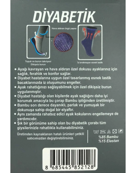3 Adet Erkek Bambu Lastiği Sıkmayan Diyabetik Çorap