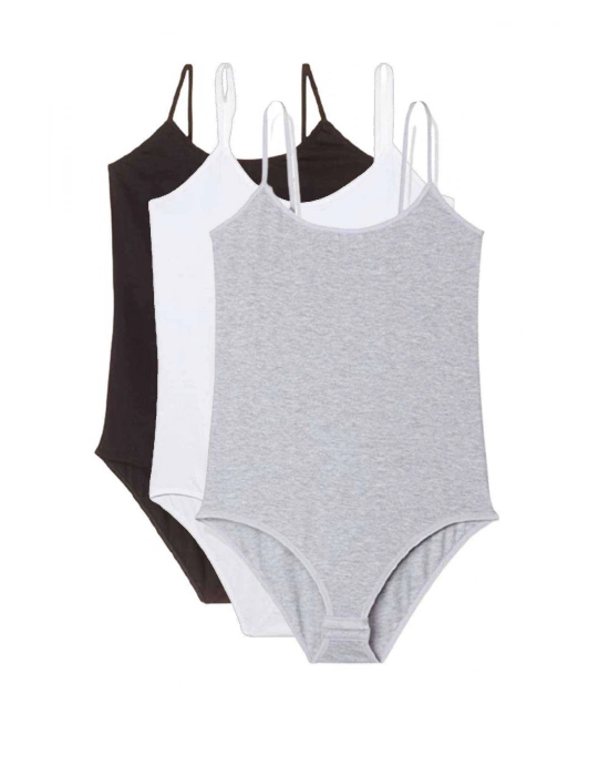 3 Adet İp Askılı Kadın Çıtçıtlı Body Siyah Beyaz Gri
