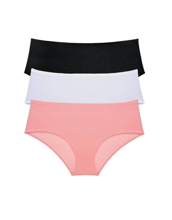 3 Adet Kadın Yüksek Bel Bato Külot Siyah Beyaz Pudra