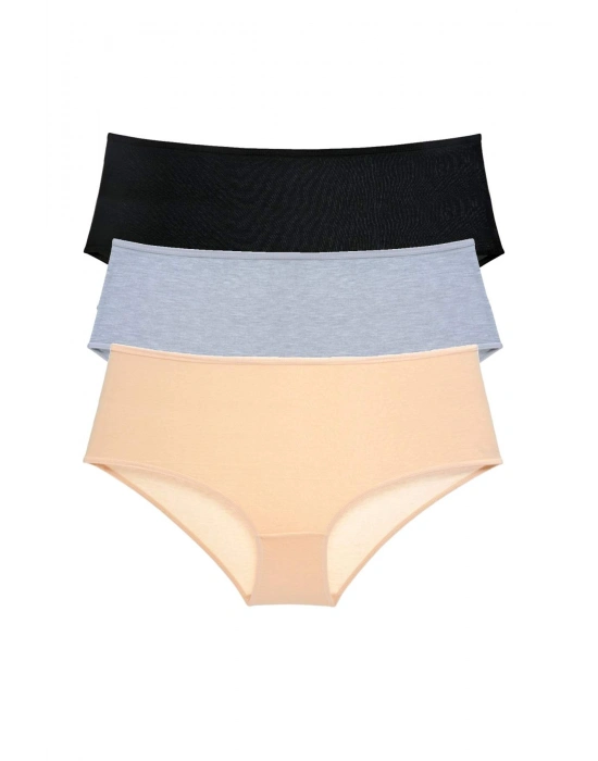 3 Adet Kadın Yüksek Bel Bato Külot Siyah Gri Ten