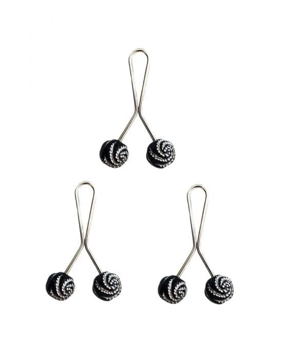 3 Adet Tesettür Eşarp ve Şal Klipsi Siyah Desenli