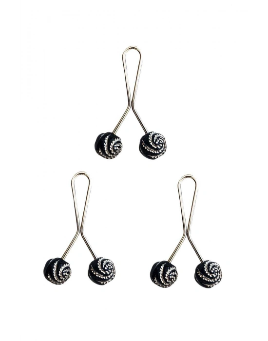 3 Adet Tesettür Eşarp ve Şal Klipsi Siyah Desenli