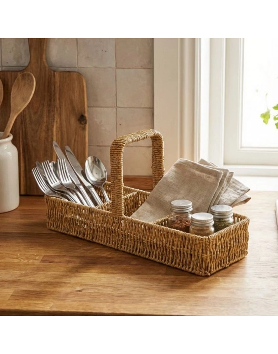 ®  3 Bölmeli Plastik Rattan Düzenleyici–Saplı Masaüstü Organizer, Mutfak Kaşık Çatal Sepeti, Banyo & Ofis Çok Amaçlı Sunum Standı