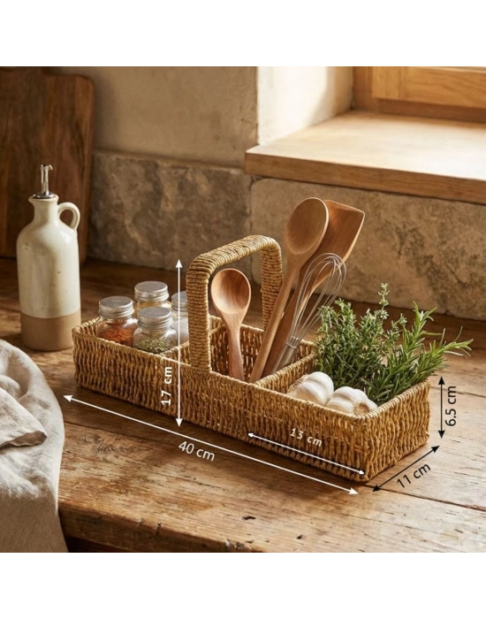 ®  3 Bölmeli Plastik Rattan Düzenleyici–Saplı Masaüstü Organizer, Mutfak Kaşık Çatal Sepeti, Banyo & Ofis Çok Amaçlı Sunum Standı