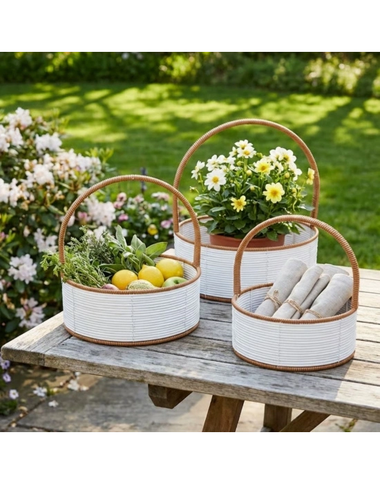 ®  3 Boy İç İçe Geçebilen Plastik Rattan Sepetler–Beyaz Renkli,Kahverengi Saplı, Çok Amaçlı Düzenleyici ve Sunum Sepeti Seti