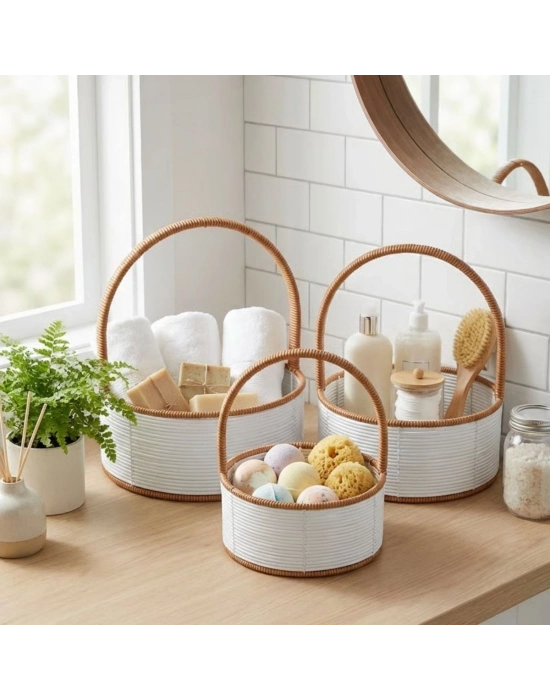 ®  3 Boy İç İçe Geçebilen Plastik Rattan Sepetler–Beyaz Renkli,Kahverengi Saplı, Çok Amaçlı Düzenleyici ve Sunum Sepeti Seti