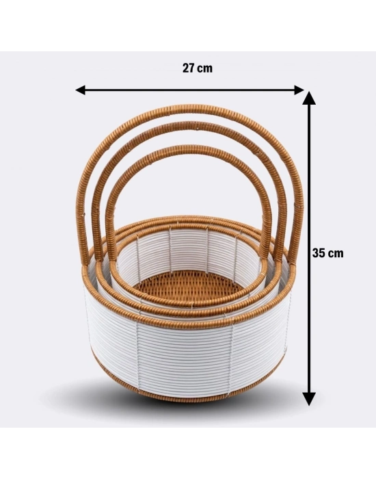 ®  3 Boy İç İçe Geçebilen Plastik Rattan Sepetler–Beyaz Renkli,Kahverengi Saplı, Çok Amaçlı Düzenleyici ve Sunum Sepeti Seti