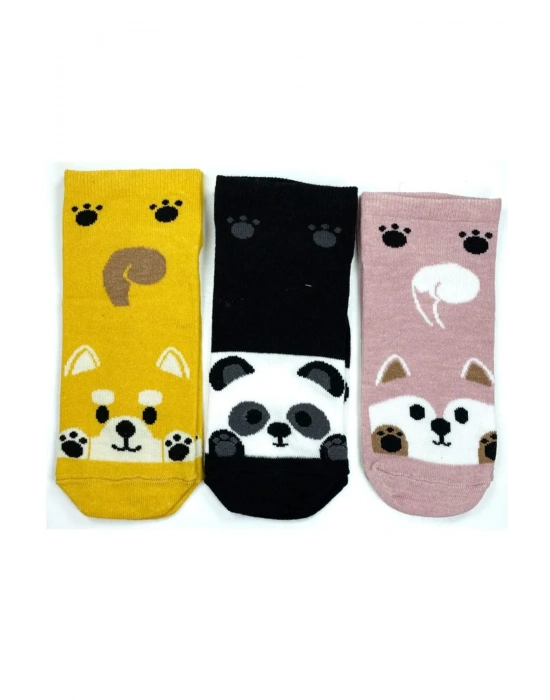 3 Çift Sevimli Hayvan Baskılı Pamuklu Kadın Bilek Çorap