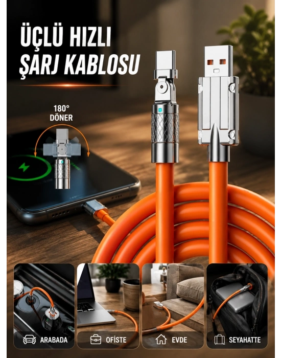 3 İn 1 Süper Hızlı Şarj Kablosu Android ve İOS Uyumlu Silikon Şarj Kablosu