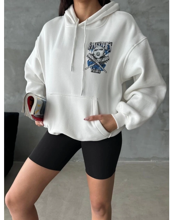 3 iplik şardonlu oversize kafa baskılı sweat beyaz