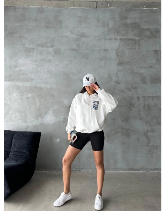3 iplik şardonlu oversize kafa baskılı sweat beyaz