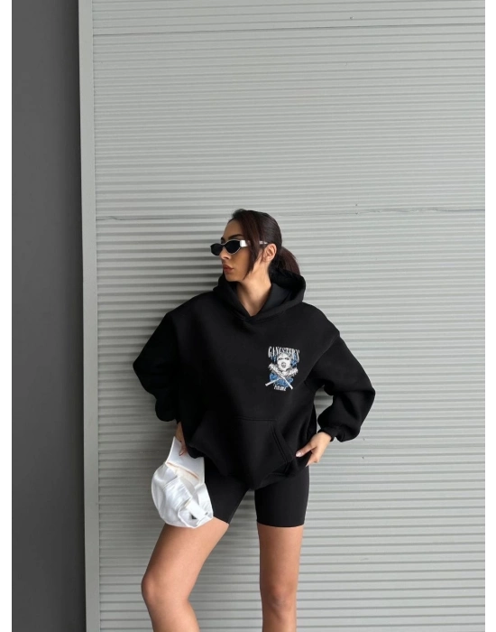 3 iplik şardonlu oversize kafa baskılı sweat siyah
