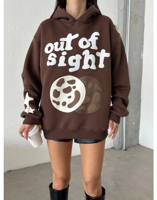 3 iplik şardonlu oversize out of baskılı sweat kahve