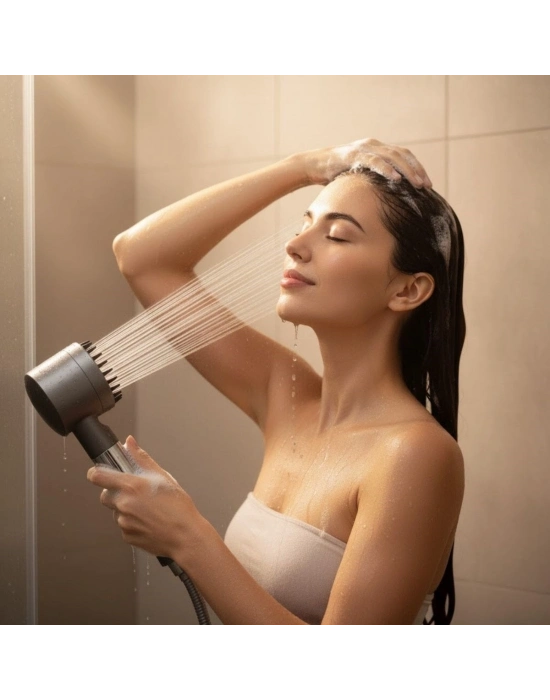 ®  3 Kademeli Turbo Basınçlı Masaj Başlıklı Silikon Fırçalı Duş Başlığı – Yüksek Basınçlı Su Tasarruflu Duş Başlığı