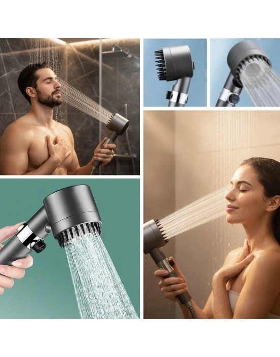 ®  3 Kademeli Turbo Basınçlı Masaj Başlıklı Silikon Fırçalı Duş Başlığı – Yüksek Basınçlı Su Tasarruflu Duş Başlığı