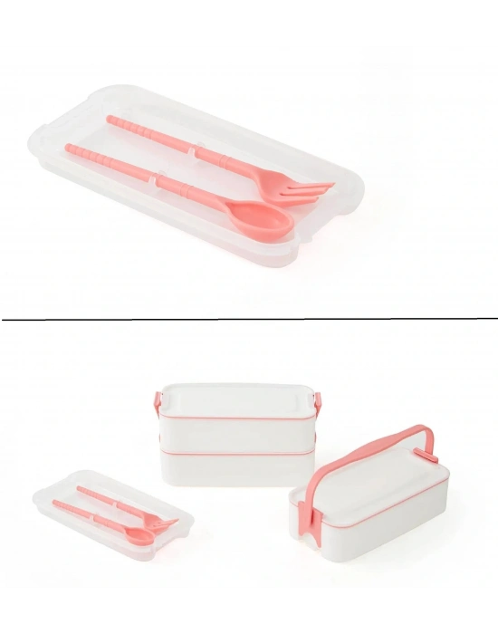 3 Katlı Kulplu Beslenme Kabı  Diyet Sefer Tası Saklama Kabı Çatal Kaşıklı