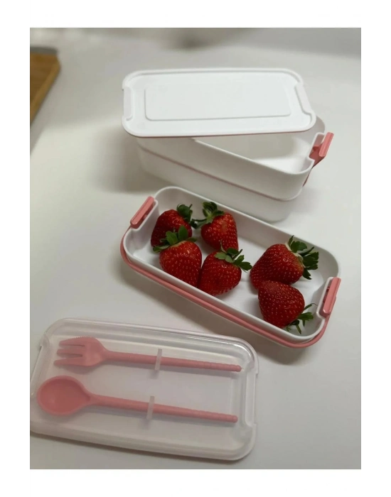 3 Katlı Kulplu Beslenme Kabı  Diyet Sefer Tası Saklama Kabı Çatal Kaşıklı