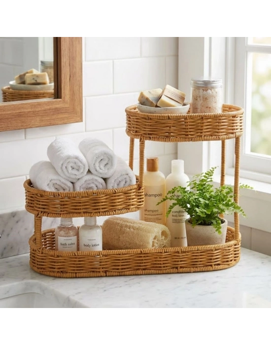 ®  3 Katlı Oval Rattan Organizer Sepet – Plastik Hasır Görünümlü Çok Amaçlı Düzenleyici