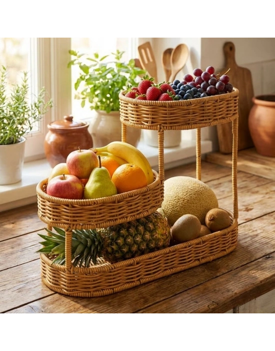 ®  3 Katlı Oval Rattan Organizer Sepet – Plastik Hasır Görünümlü Çok Amaçlı Düzenleyici